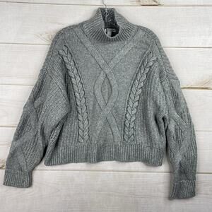 Elizabeth and James Sweater Womens L Gray Cable Knit Mock Neck Cropped Boxy Boho